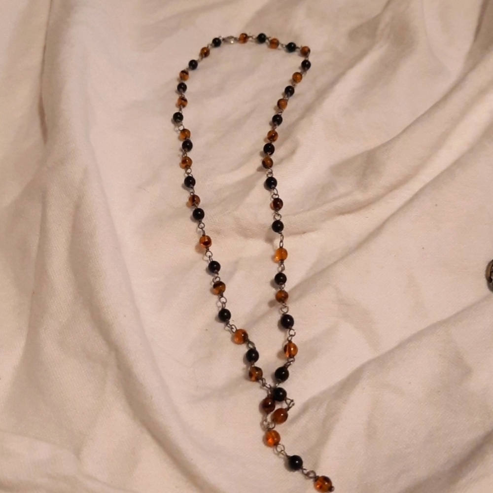 Vintage Amber and Onxy bead sterling silver 925 beautiful necklace